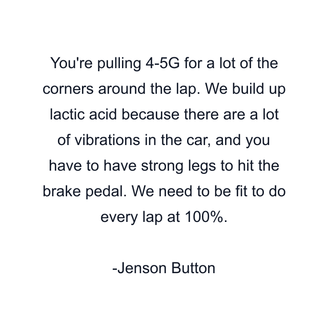 You're pulling 4-5G for a lot of the corners around the lap. We build up lactic acid because there are a lot of vibrations in the car, and you have to have strong legs to hit the brake pedal. We need to be fit to do every lap at 100%.