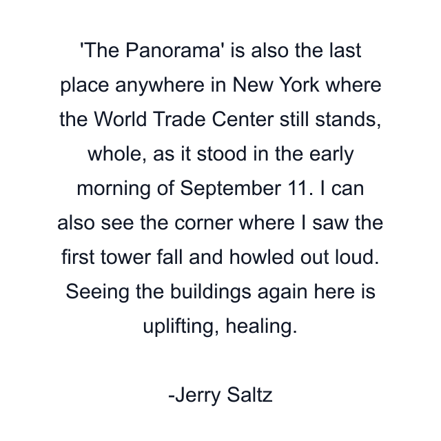 The Panorama' is also the last place anywhere in New York where the World Trade Center still stands, whole, as it stood in the early morning of September 11. I can also see the corner where I saw the first tower fall and howled out loud. Seeing the buildings again here is uplifting, healing.