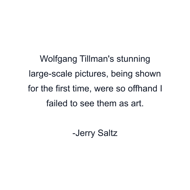 Wolfgang Tillman's stunning large-scale pictures, being shown for the first time, were so offhand I failed to see them as art.