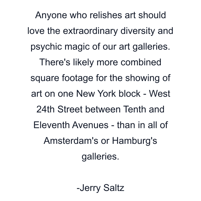 Anyone who relishes art should love the extraordinary diversity and psychic magic of our art galleries. There's likely more combined square footage for the showing of art on one New York block - West 24th Street between Tenth and Eleventh Avenues - than in all of Amsterdam's or Hamburg's galleries.