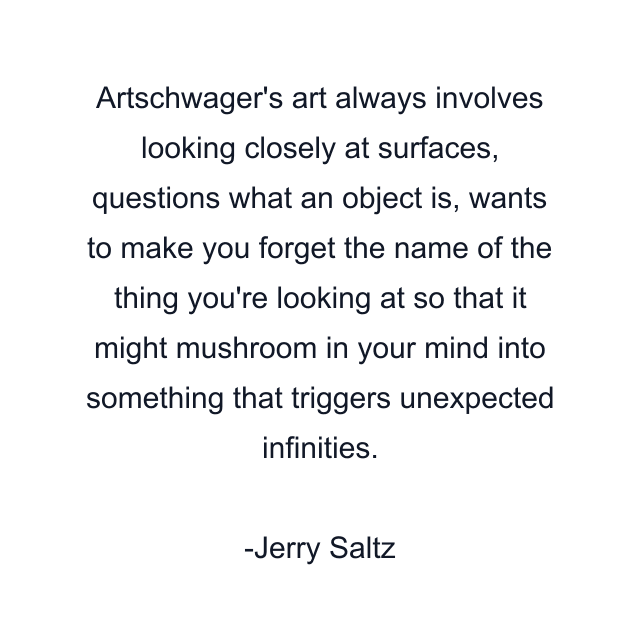 Artschwager's art always involves looking closely at surfaces, questions what an object is, wants to make you forget the name of the thing you're looking at so that it might mushroom in your mind into something that triggers unexpected infinities.