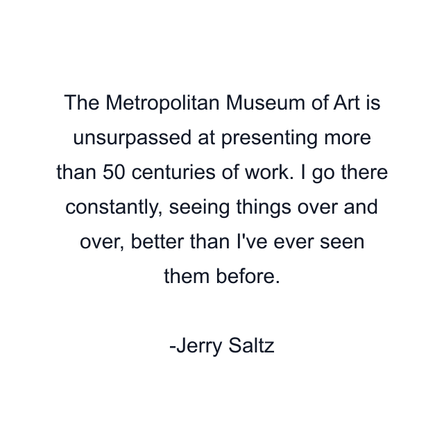 The Metropolitan Museum of Art is unsurpassed at presenting more than 50 centuries of work. I go there constantly, seeing things over and over, better than I've ever seen them before.