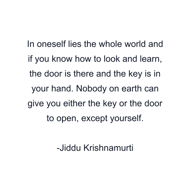 In oneself lies the whole world and if you know how to look and learn, the door is there and the key is in your hand. Nobody on earth can give you either the key or the door to open, except yourself.