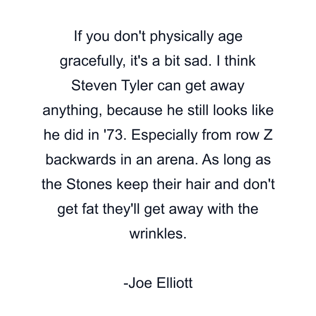 If you don't physically age gracefully, it's a bit sad. I think Steven Tyler can get away anything, because he still looks like he did in '73. Especially from row Z backwards in an arena. As long as the Stones keep their hair and don't get fat they'll get away with the wrinkles.