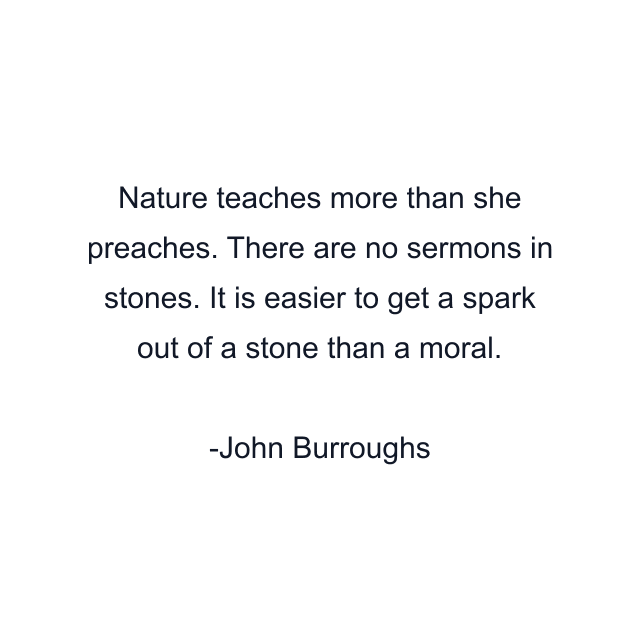 Nature teaches more than she preaches. There are no sermons in stones. It is easier to get a spark out of a stone than a moral.