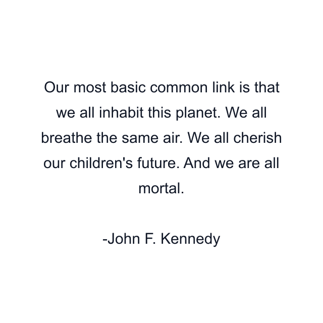 Our most basic common link is that we all inhabit this planet. We all breathe the same air. We all cherish our children's future. And we are all mortal.