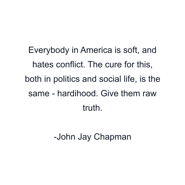 Everybody in America is soft, and hates conflict. The cure for this, both in politics and social life, is the same - hardihood. Give them raw truth.