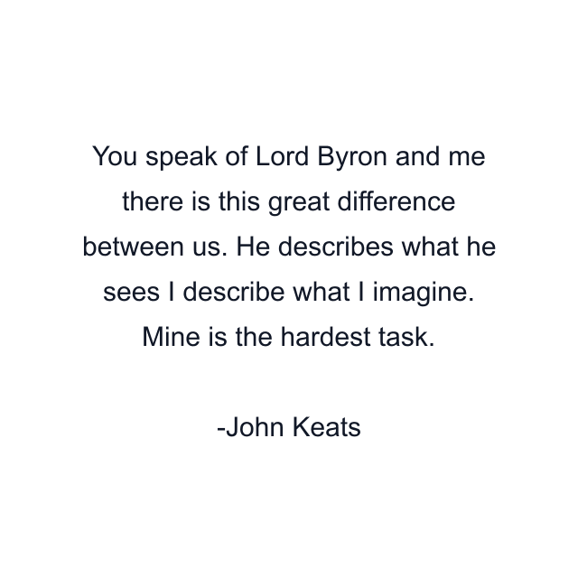 You speak of Lord Byron and me there is this great difference between us. He describes what he sees I describe what I imagine. Mine is the hardest task.