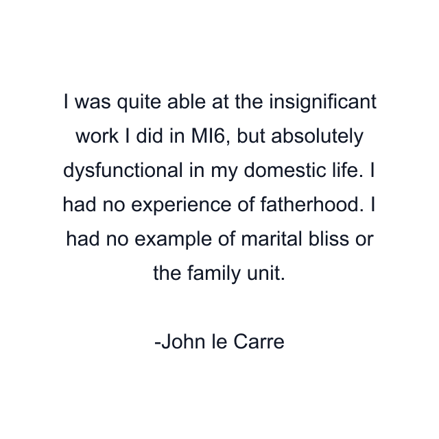 I was quite able at the insignificant work I did in MI6, but absolutely dysfunctional in my domestic life. I had no experience of fatherhood. I had no example of marital bliss or the family unit.