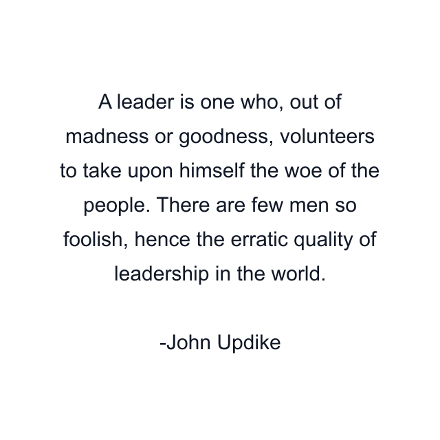 A leader is one who, out of madness or goodness, volunteers to take upon himself the woe of the people. There are few men so foolish, hence the erratic quality of leadership in the world.