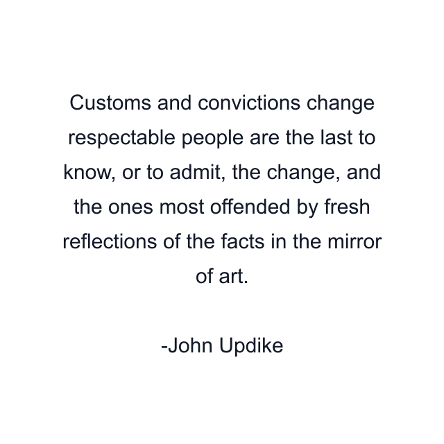 Customs and convictions change respectable people are the last to know, or to admit, the change, and the ones most offended by fresh reflections of the facts in the mirror of art.