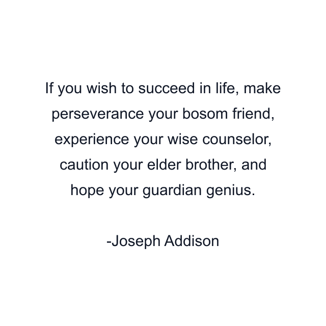 If you wish to succeed in life, make perseverance your bosom friend, experience your wise counselor, caution your elder brother, and hope your guardian genius.