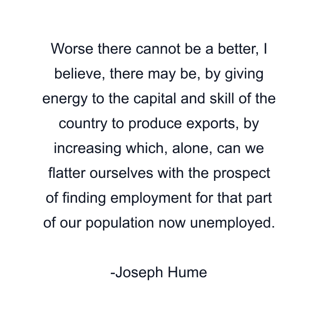 Worse there cannot be a better, I believe, there may be, by giving energy to the capital and skill of the country to produce exports, by increasing which, alone, can we flatter ourselves with the prospect of finding employment for that part of our population now unemployed.