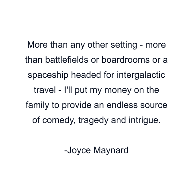 More than any other setting - more than battlefields or boardrooms or a spaceship headed for intergalactic travel - I'll put my money on the family to provide an endless source of comedy, tragedy and intrigue.