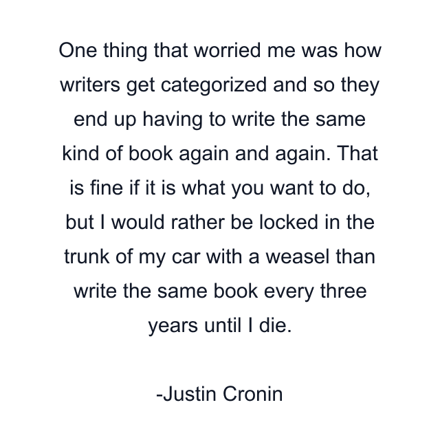 One thing that worried me was how writers get categorized and so they end up having to write the same kind of book again and again. That is fine if it is what you want to do, but I would rather be locked in the trunk of my car with a weasel than write the same book every three years until I die.