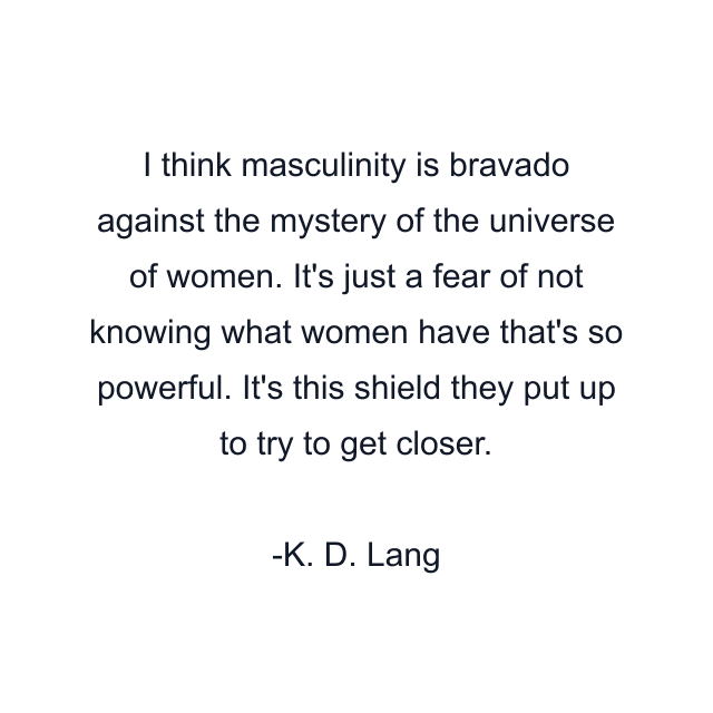 I think masculinity is bravado against the mystery of the universe of women. It's just a fear of not knowing what women have that's so powerful. It's this shield they put up to try to get closer.