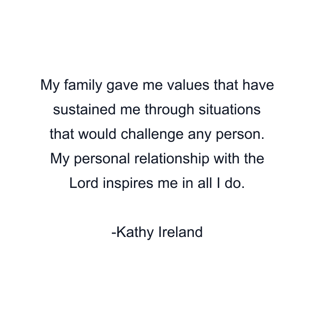 My family gave me values that have sustained me through situations that would challenge any person. My personal relationship with the Lord inspires me in all I do.