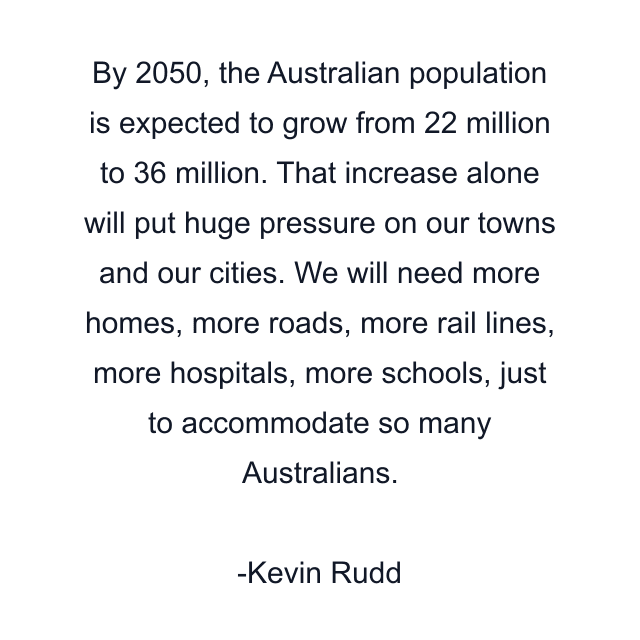 By 2050, the Australian population is expected to grow from 22 million to 36 million. That increase alone will put huge pressure on our towns and our cities. We will need more homes, more roads, more rail lines, more hospitals, more schools, just to accommodate so many Australians.