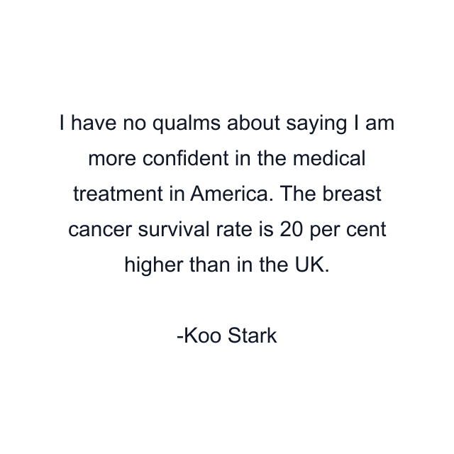 I have no qualms about saying I am more confident in the medical treatment in America. The breast cancer survival rate is 20 per cent higher than in the UK.