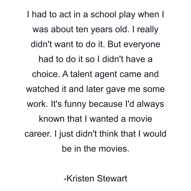 I had to act in a school play when I was about ten years old. I really didn't want to do it. But everyone had to do it so I didn't have a choice. A talent agent came and watched it and later gave me some work. It's funny because I'd always known that I wanted a movie career. I just didn't think that I would be in the movies.