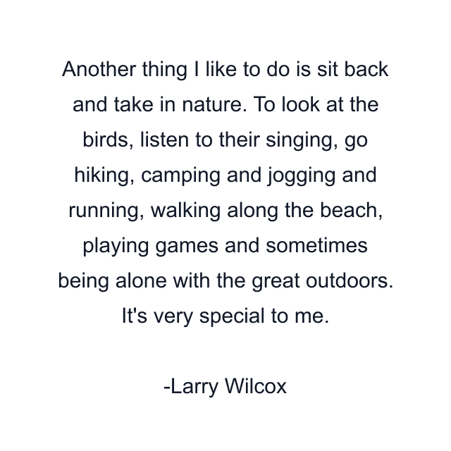 Another thing I like to do is sit back and take in nature. To look at the birds, listen to their singing, go hiking, camping and jogging and running, walking along the beach, playing games and sometimes being alone with the great outdoors. It's very special to me.