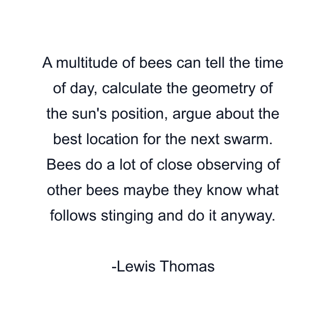 A multitude of bees can tell the time of day, calculate the geometry of the sun's position, argue about the best location for the next swarm. Bees do a lot of close observing of other bees maybe they know what follows stinging and do it anyway.