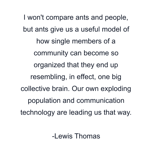 I won't compare ants and people, but ants give us a useful model of how single members of a community can become so organized that they end up resembling, in effect, one big collective brain. Our own exploding population and communication technology are leading us that way.