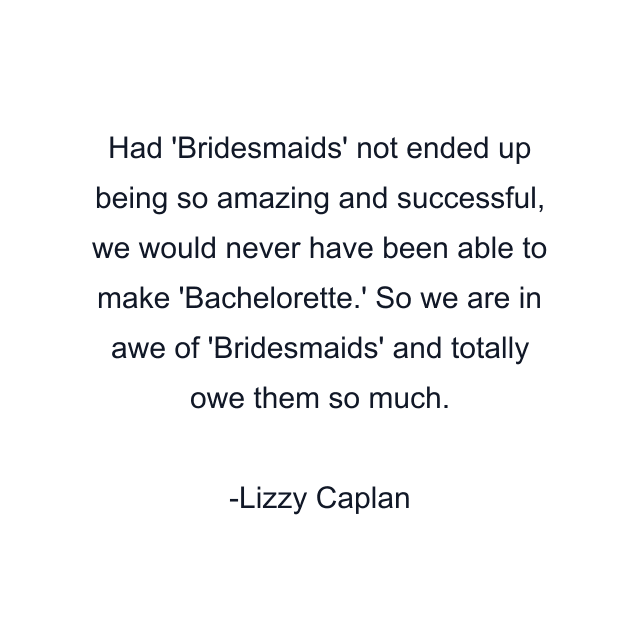 Had 'Bridesmaids' not ended up being so amazing and successful, we would never have been able to make 'Bachelorette.' So we are in awe of 'Bridesmaids' and totally owe them so much.