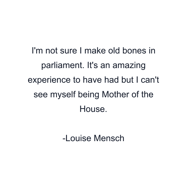 I'm not sure I make old bones in parliament. It's an amazing experience to have had but I can't see myself being Mother of the House.