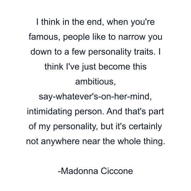 I think in the end, when you're famous, people like to narrow you down to a few personality traits. I think I've just become this ambitious, say-whatever's-on-her-mind, intimidating person. And that's part of my personality, but it's certainly not anywhere near the whole thing.