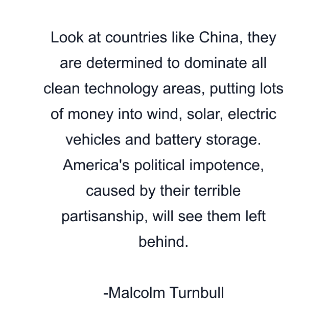 Look at countries like China, they are determined to dominate all clean technology areas, putting lots of money into wind, solar, electric vehicles and battery storage. America's political impotence, caused by their terrible partisanship, will see them left behind.