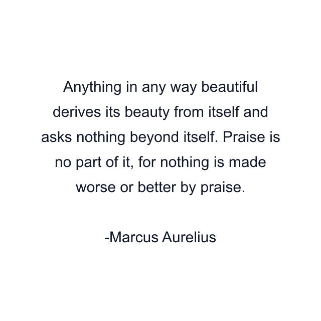 Anything in any way beautiful derives its beauty from itself and asks nothing beyond itself. Praise is no part of it, for nothing is made worse or better by praise.