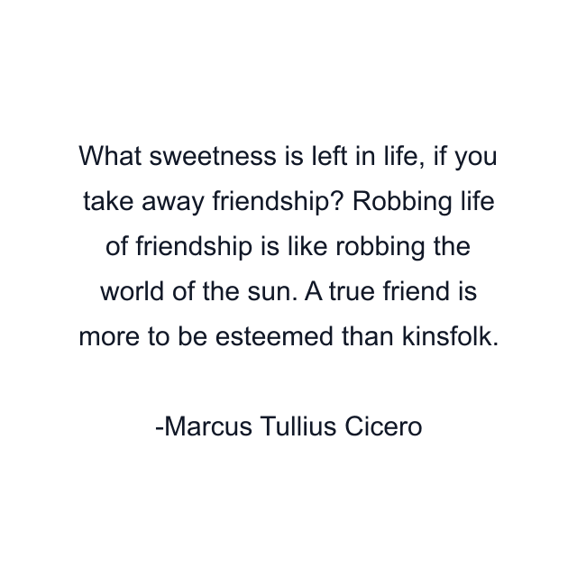 What sweetness is left in life, if you take away friendship? Robbing life of friendship is like robbing the world of the sun. A true friend is more to be esteemed than kinsfolk.