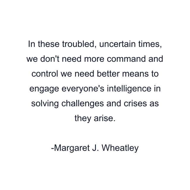 In these troubled, uncertain times, we don't need more command and control we need better means to engage everyone's intelligence in solving challenges and crises as they arise.