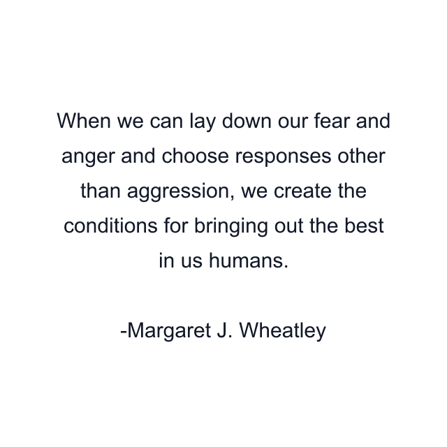 When we can lay down our fear and anger and choose responses other than aggression, we create the conditions for bringing out the best in us humans.