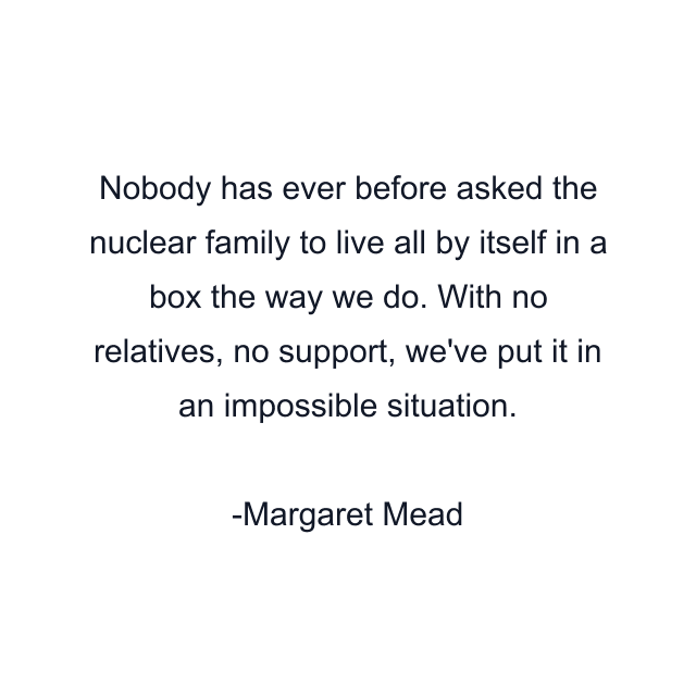 Nobody has ever before asked the nuclear family to live all by itself in a box the way we do. With no relatives, no support, we've put it in an impossible situation.