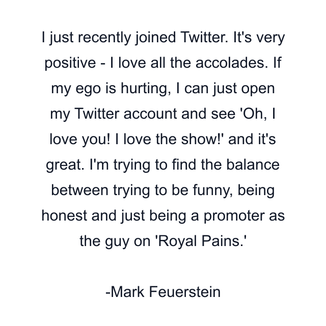 I just recently joined Twitter. It's very positive - I love all the accolades. If my ego is hurting, I can just open my Twitter account and see 'Oh, I love you! I love the show!' and it's great. I'm trying to find the balance between trying to be funny, being honest and just being a promoter as the guy on 'Royal Pains.'