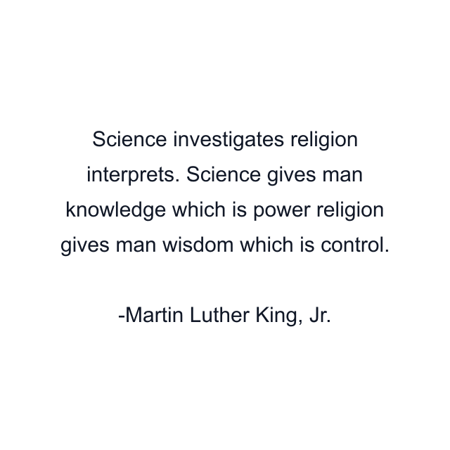 Science investigates religion interprets. Science gives man knowledge which is power religion gives man wisdom which is control.