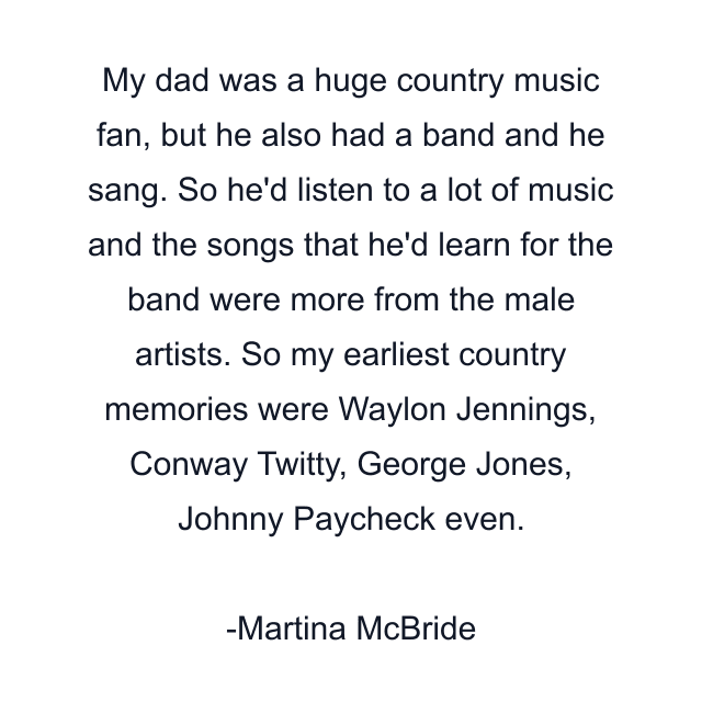 My dad was a huge country music fan, but he also had a band and he sang. So he'd listen to a lot of music and the songs that he'd learn for the band were more from the male artists. So my earliest country memories were Waylon Jennings, Conway Twitty, George Jones, Johnny Paycheck even.