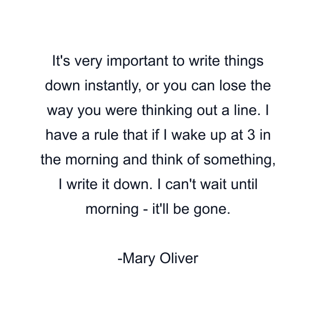 It's very important to write things down instantly, or you can lose the way you were thinking out a line. I have a rule that if I wake up at 3 in the morning and think of something, I write it down. I can't wait until morning - it'll be gone.