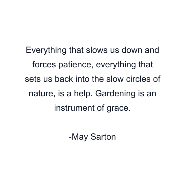 Everything that slows us down and forces patience, everything that sets us back into the slow circles of nature, is a help. Gardening is an instrument of grace.