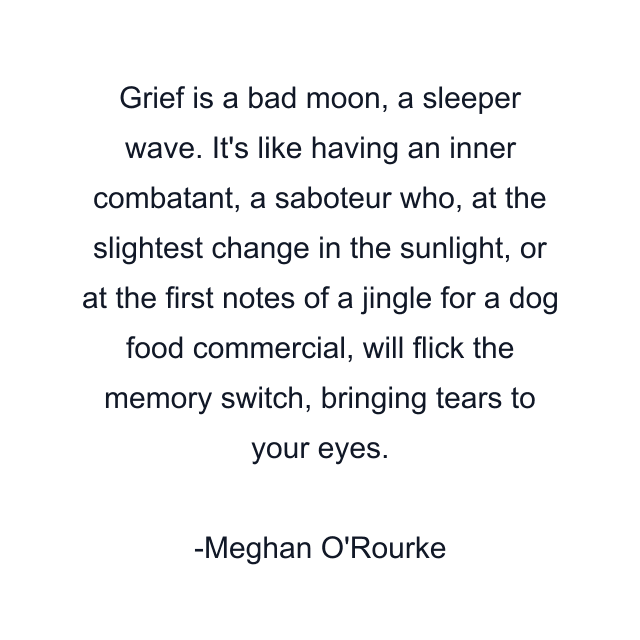 Grief is a bad moon, a sleeper wave. It's like having an inner combatant, a saboteur who, at the slightest change in the sunlight, or at the first notes of a jingle for a dog food commercial, will flick the memory switch, bringing tears to your eyes.