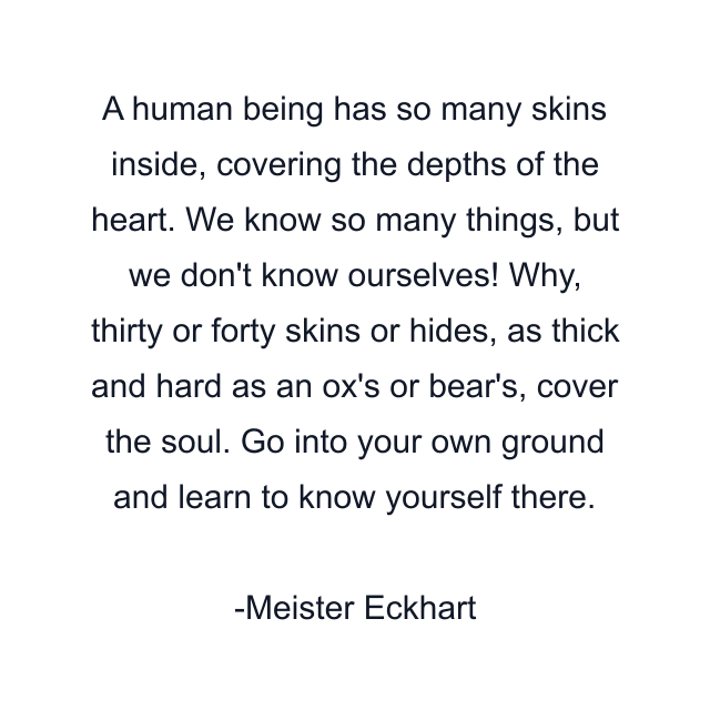 A human being has so many skins inside, covering the depths of the heart. We know so many things, but we don't know ourselves! Why, thirty or forty skins or hides, as thick and hard as an ox's or bear's, cover the soul. Go into your own ground and learn to know yourself there.