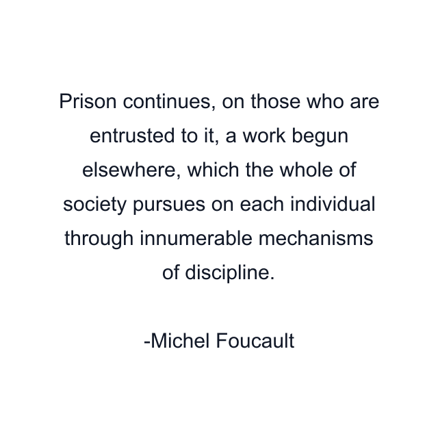 Prison continues, on those who are entrusted to it, a work begun elsewhere, which the whole of society pursues on each individual through innumerable mechanisms of discipline.