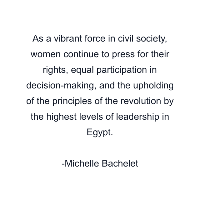 As a vibrant force in civil society, women continue to press for their rights, equal participation in decision-making, and the upholding of the principles of the revolution by the highest levels of leadership in Egypt.