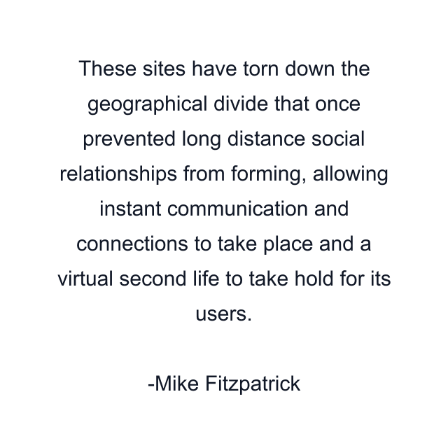 These sites have torn down the geographical divide that once prevented long distance social relationships from forming, allowing instant communication and connections to take place and a virtual second life to take hold for its users.