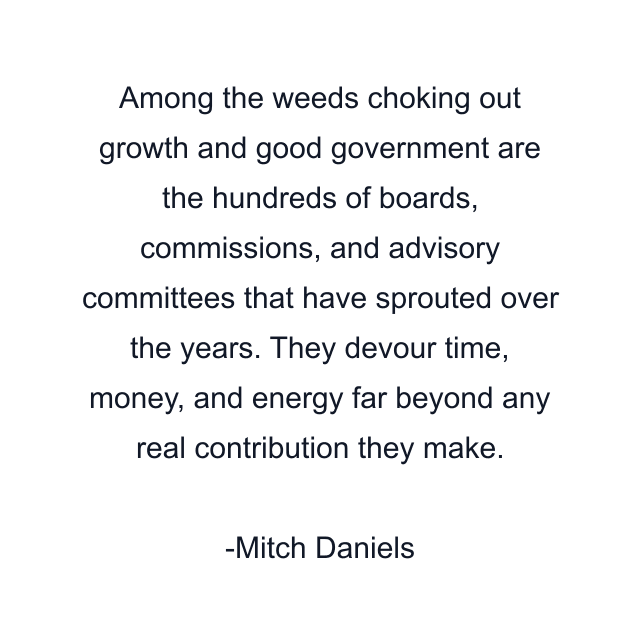 Among the weeds choking out growth and good government are the hundreds of boards, commissions, and advisory committees that have sprouted over the years. They devour time, money, and energy far beyond any real contribution they make.