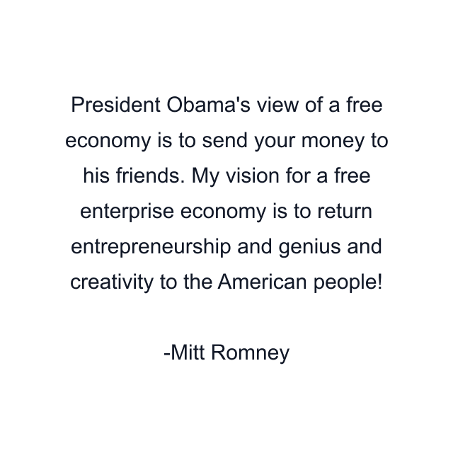 President Obama's view of a free economy is to send your money to his friends. My vision for a free enterprise economy is to return entrepreneurship and genius and creativity to the American people!