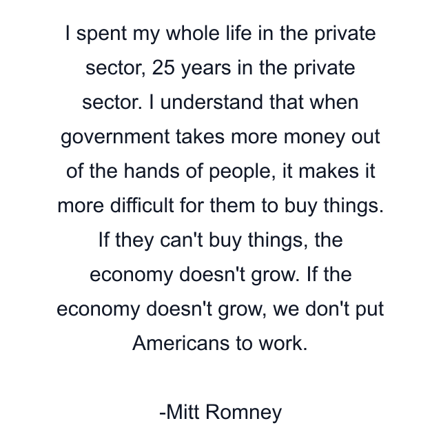 I spent my whole life in the private sector, 25 years in the private sector. I understand that when government takes more money out of the hands of people, it makes it more difficult for them to buy things. If they can't buy things, the economy doesn't grow. If the economy doesn't grow, we don't put Americans to work.