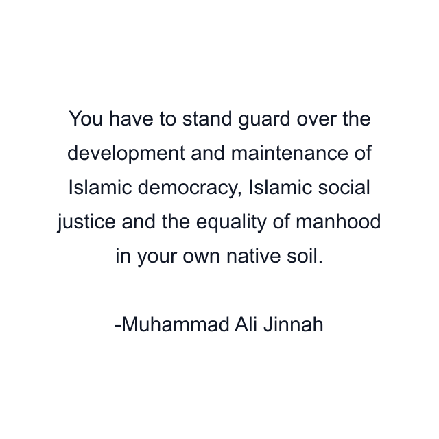 You have to stand guard over the development and maintenance of Islamic democracy, Islamic social justice and the equality of manhood in your own native soil.